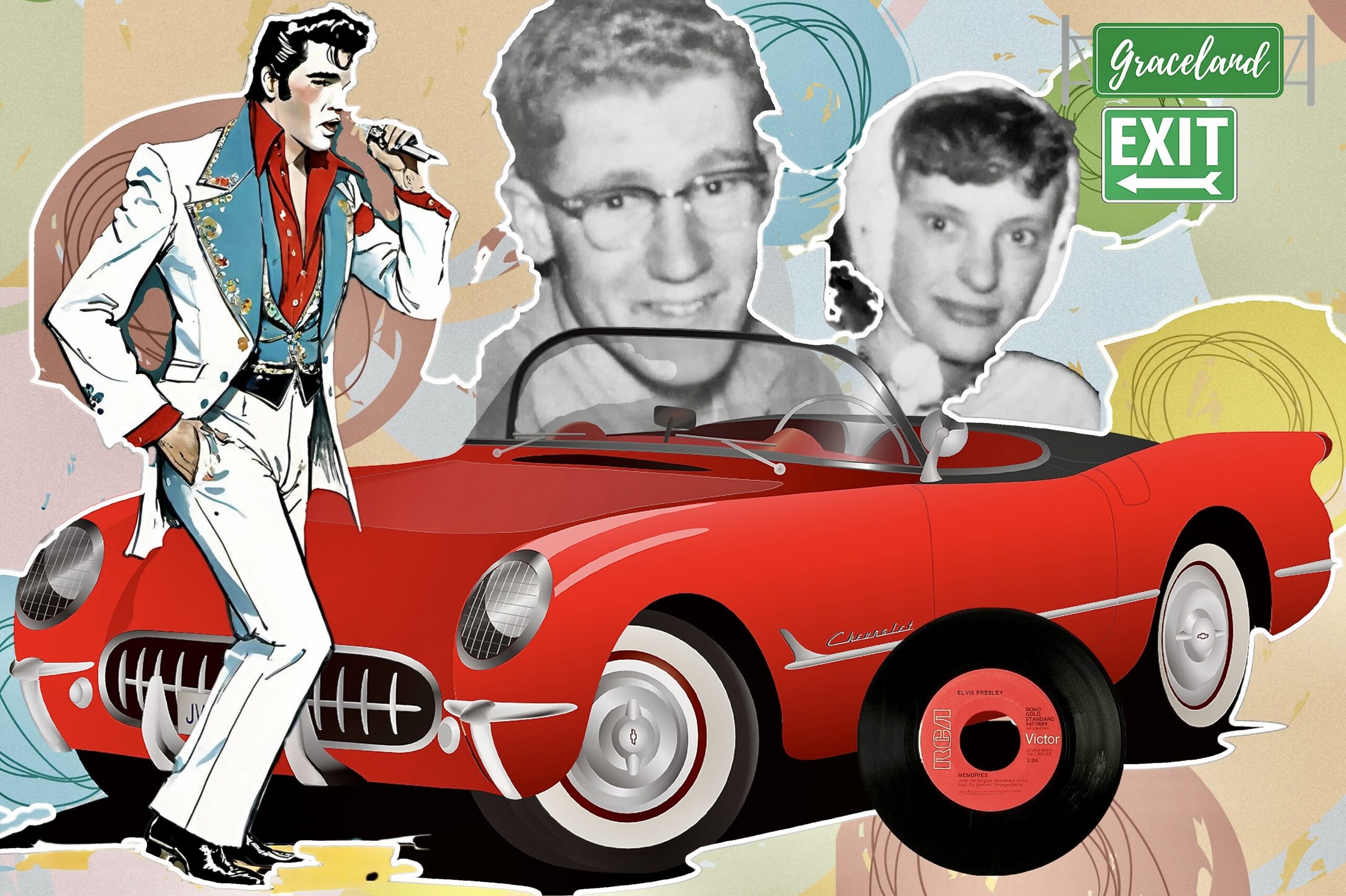 Photo collage with Elvis, red convertible corvair and vintage photo