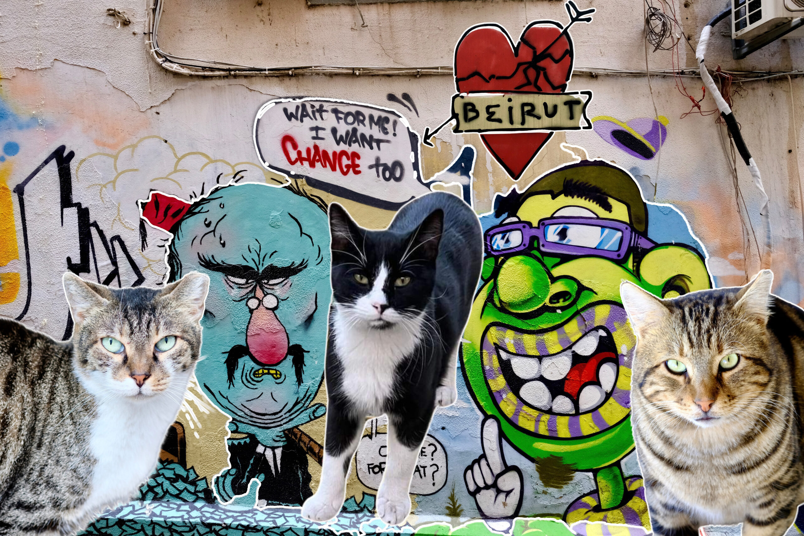 Political graffiti Beirut with two cats.