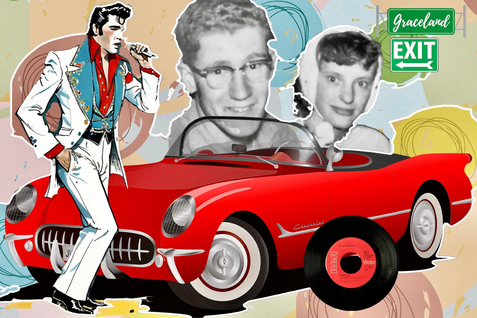 Photo collage with Elvis, red convertible corvair and vintage photo